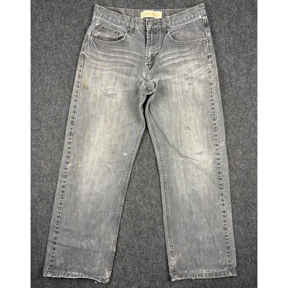 Wrangler Jeans Co Loose Straight Gray Distressed Faded Denim Jeans Mens 29x27